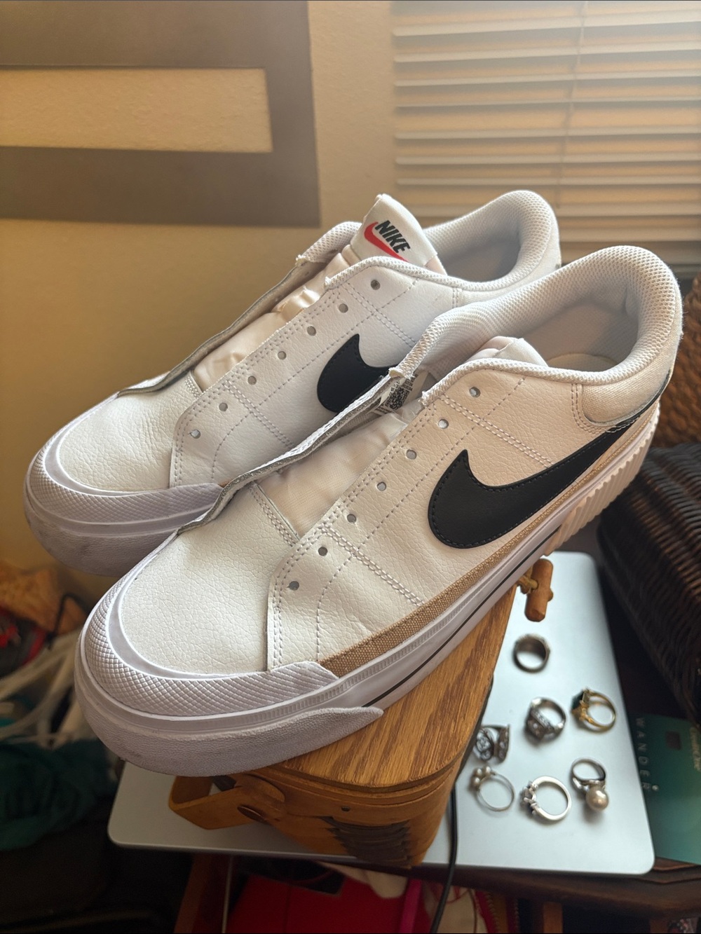 Nike White 9.5 Canvas Platform Sneakers with Black Swoosh and Tan Stripe